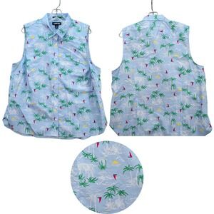 Lands End Women's No-Iron Supima Cotton Sleeveless Shirt Button Up Blue Size 18W